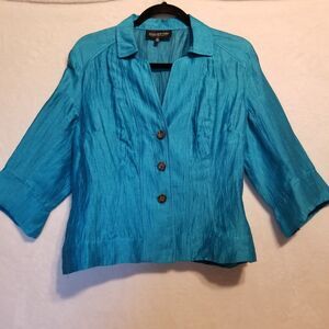 Jones New York 12P Petite Top Linen Blend Button-Up Lightweight Aqua Blue Office